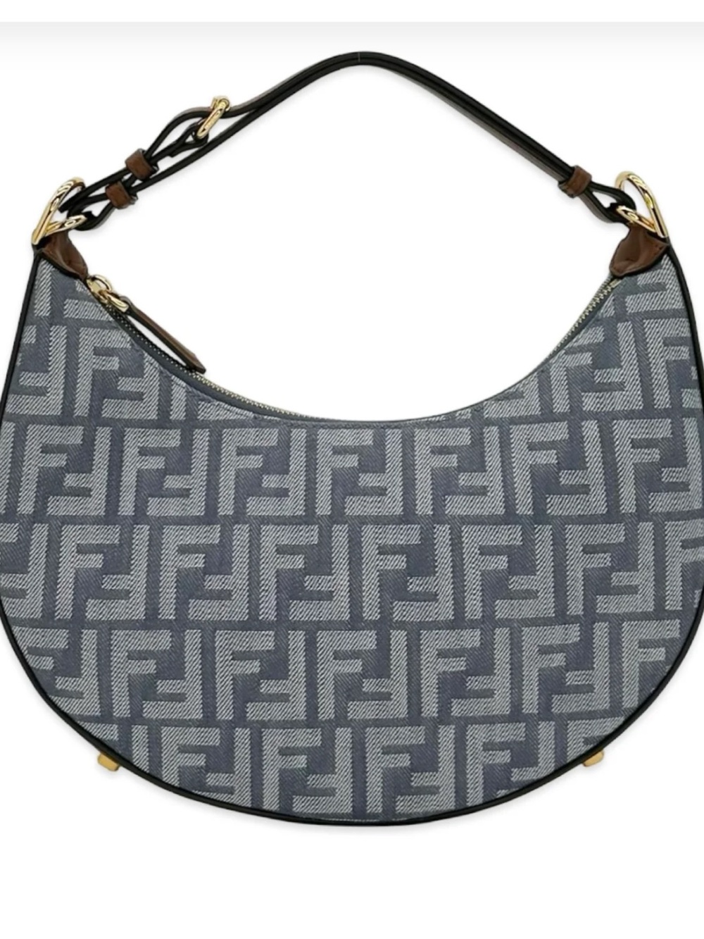 Fendi Blue denim FF Monogram Crescent Shoulder Bag with Leather Trim NWT